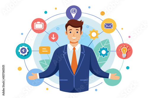 Soft skills or personal attribute to be success confident businessman with elements of soft skills networking empathy time management or communication skill problem solving and creativity modern flat