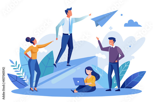 Mentor or support employee to success manager to help or advice staff to reach goal work coaching or adviser expert concept businessman manager launching paper plane origami with team colleagues