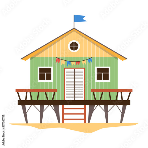 Festive beach house on stilts vector illustration
