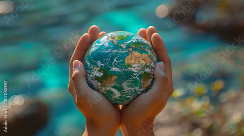 Two hands cradling a miniature Earth against a blue background.