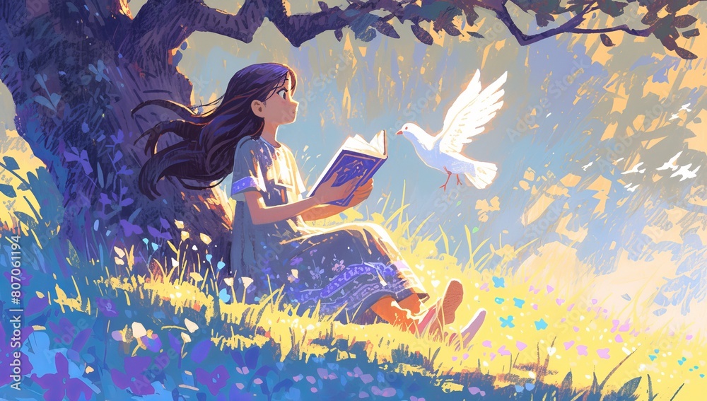 A girl with long brown hair sitting on the grass in enchanted forest, reading book under tree. The flowers around her dance gently as stroked by a gentle breeze. A white dove flies above her head.