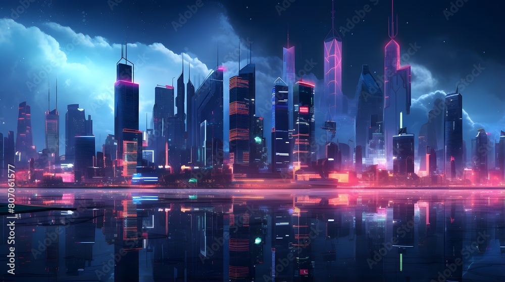 Panoramic view of the night city. Night cityscape.