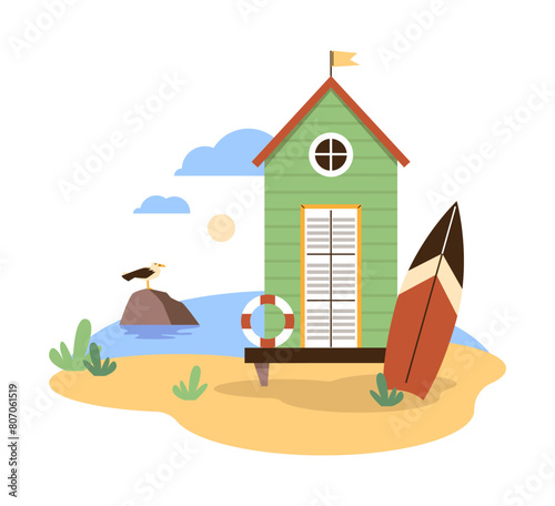 Serene beach hut with surfboard vector illustration