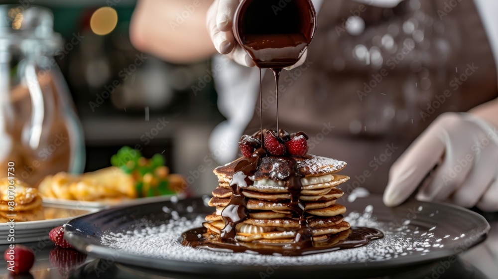 A chef drizzling chocolate sauce over a stack of roti pancakes, adding a decadent touch to the classic Thai dessert, tempting the sweet tooth.