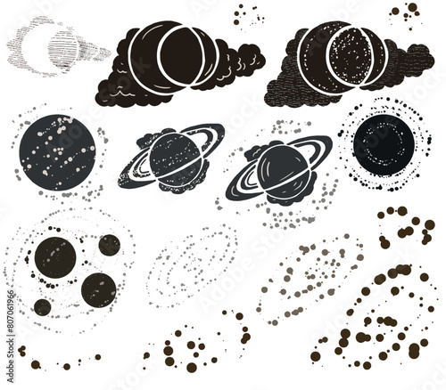 Planets space moon abstract background graphics hand drawn stars galaxies logo abstraction stylization set on a white background jupiter pluto mars galaxy