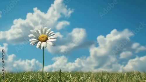 daisy flower on grass, blue sky with clouds background, copy space