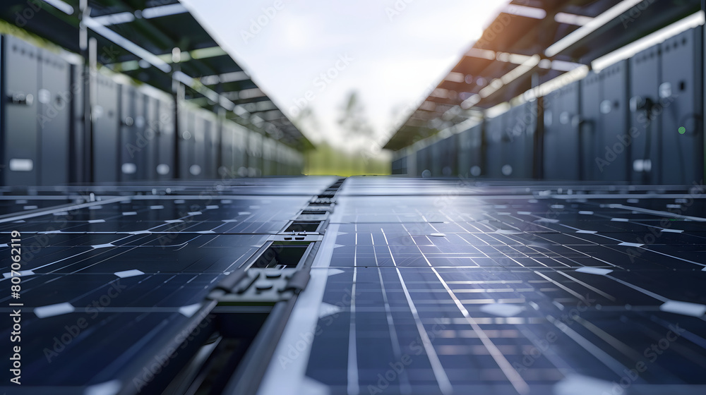 Fototapeta premium Construction project on the background of solar batteries, image of green energy AI