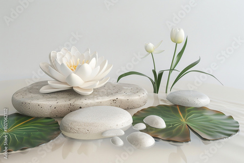 Tranquil Zen Garden with Lotus Flower and Tulips on Serene Water