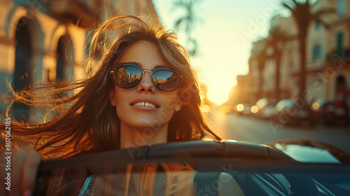 Woman in a sports car, hair blowing in the wind, celebrating lottery win with a joyride. photo