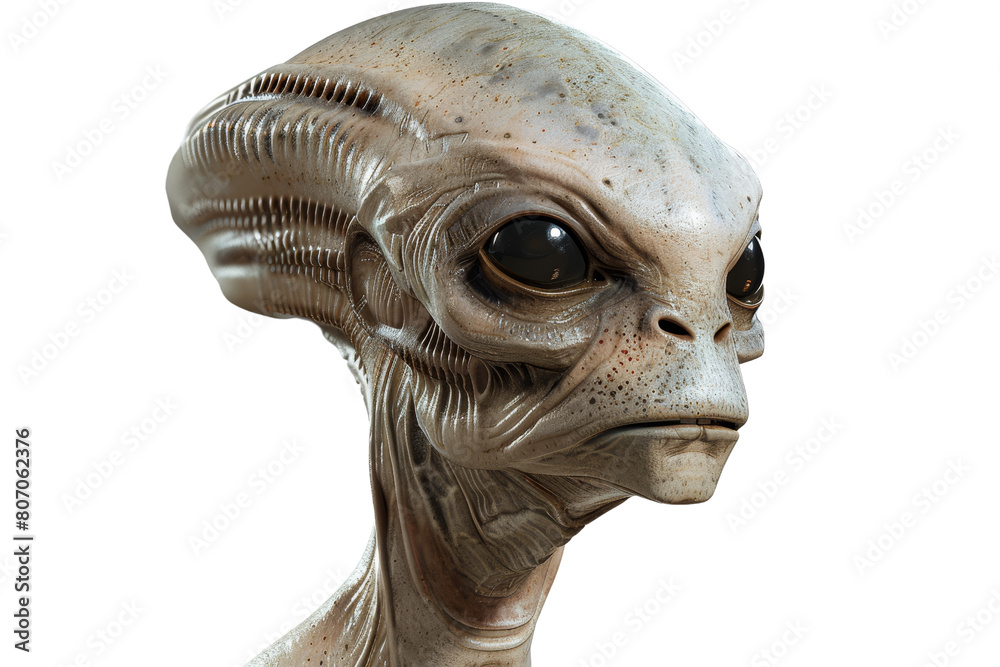 A strange looking alien with a big head and a small face, science fiction, isolate on white background. A strange looking alien with a big head and a small face, science fiction, isolate on white background.