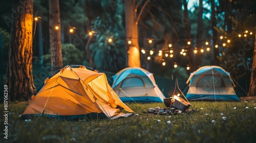 Tents glow under string lights among trees at dusk  with a small campfire flickering in the foreground.
