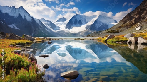 snow-capped mountains reflected in a pristine alpine lake  