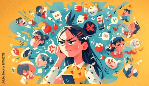 A cartoon illustration of a stressed out mom surrounded by kids  work pitches and mobile phones with angry faces