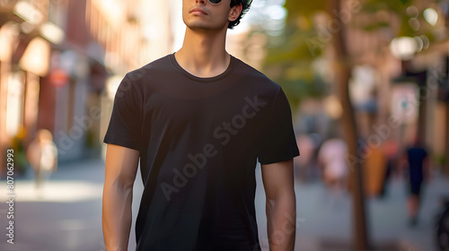 Young Model Shirt Mockup, Boy wearing black t-shirt on street in daylight, Shirt Mockup Template on hipster adult for design print, Male guy wearing casual t-shirt mockup placement AI
