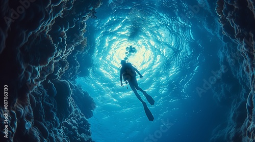 Scuba diver ascending towards the ocean surface with sunlight penetrating the deep blue water