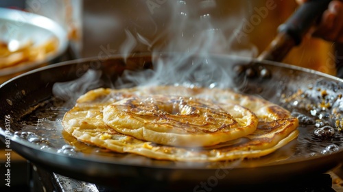 A chef frying roti pancakes in a sizzling pan, the aroma of butter and flour filling the air, evoking the anticipation of a delicious snack.