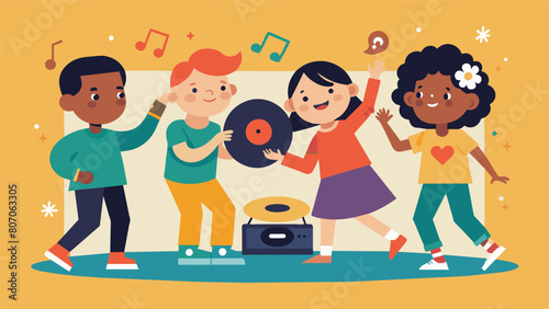 Using vinyl records as their instruments a group of children learn about rhythm and tempo as they dance along to their own makeshift band. Vector illustration