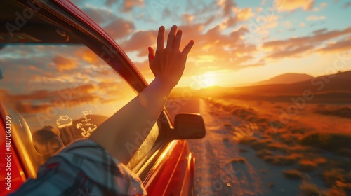 hand outside open window car with meadow and mountain background.