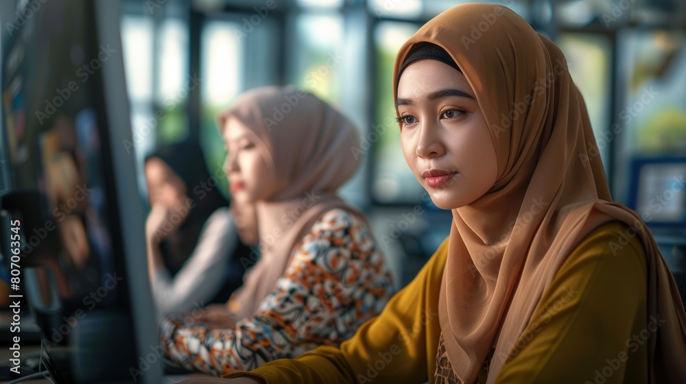 Muslim Undergraduates And Asian Women Study Online Using Computers, Diversifying Their Educational Experiences, Background HD For Designer Muslim Undergraduates And Asian Women Study Online Using Computers, Diversifying Their Educational Experiences, Background HD For Designer