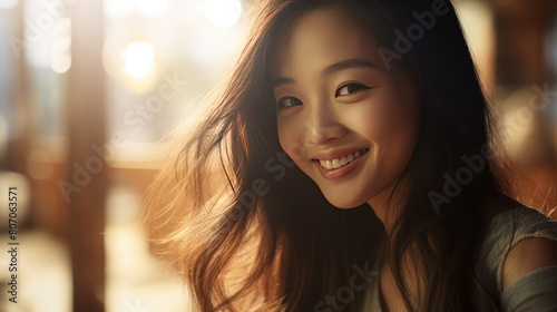 portrait of a young Asian woman with mischievous eyes and a playful smile. 