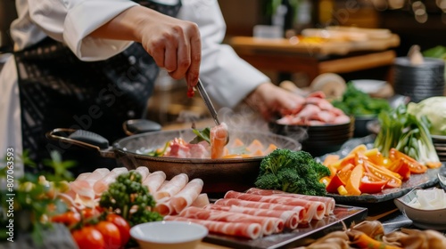 A chef preparing a traditional hot pot dish, arranging fresh vegetables and thinly sliced meat in a beautifully organized display, highlighting culinary artistry.