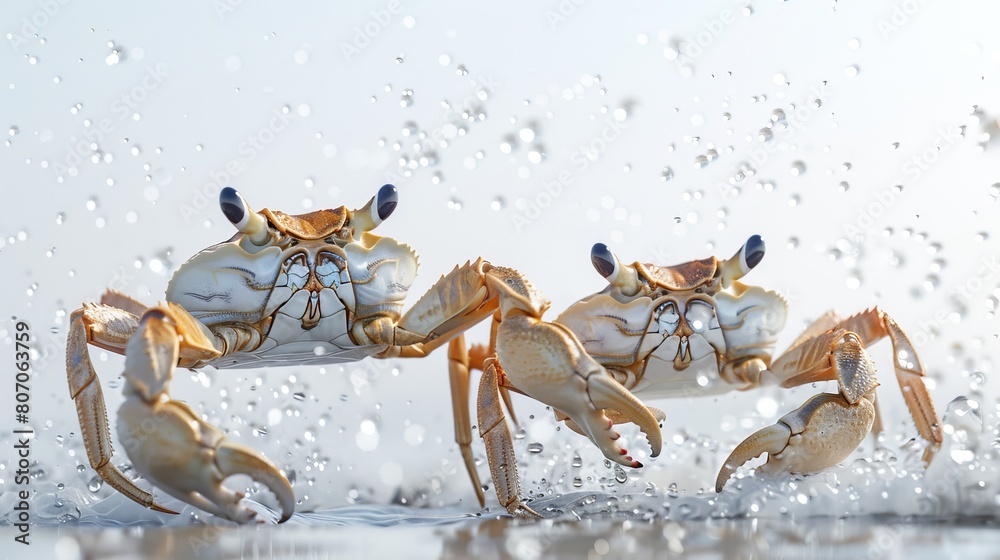 Fototapeta premium Two crabs are in the water, one of which is larger than the other