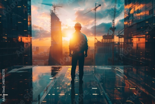 Engineer in a hard hat among modern urban buildings, multiple exposure