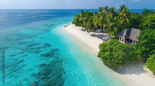Fototapeta Naklejka Na Ścianę i Meble -  White sand with palm trees and emerald sea. A heavenly place to relax. Luxurious tropical landscape. Beautiful exotic summer beach background for design.