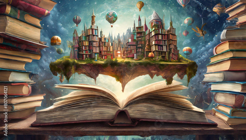 Imaginary library books, every book opens to reveal a miniature world.