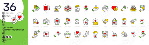 Colorful altruism icon set in modern outline style. Containing charity, help, goodwill, caring, generosity, kindness, empathy, alms, donation, benevolence etc. Vector charity line icons set.