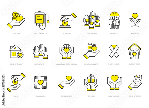 Yellow altruism icon set in modern outline style. Containing charity, help, goodwill, caring, generosity, kindness, empathy, alms, donation, benevolence etc. Vector charity line icons set.