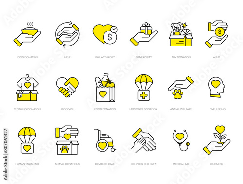Yellow altruism icon set in modern outline style. Containing charity, help, goodwill, caring, generosity, kindness, empathy, alms, donation, benevolence etc. Vector charity line icons set.