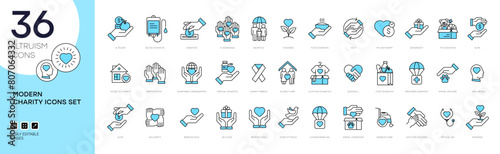 Altruism icon set in modern outline style. Containing charity, help, goodwill, caring, generosity, kindness, empathy, alms, donation, benevolence etc. Vector charity line icons set.