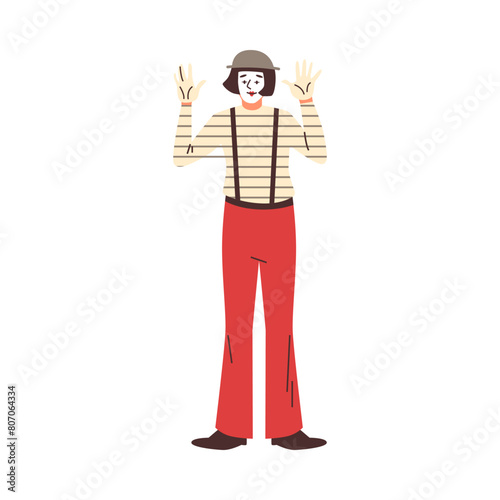 Vector illustration with a mime demonstrating facial expressions and silent humor in a striped suit