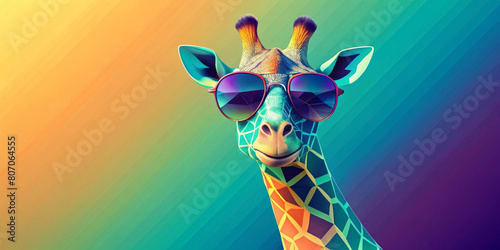 A colorful giraffe with stylish sunglasses peers out curiously against a gradient background. The giraffe's neck is adorned with a geometric pattern, adding an abstract flair to the image.AI generated