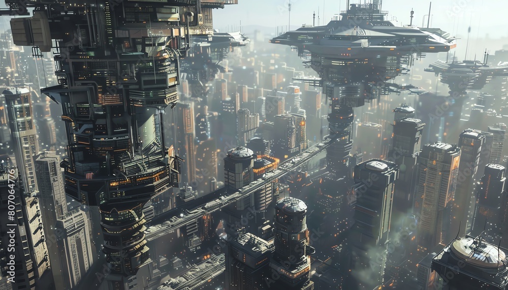 Capture the birds-eye view of a dystopian city undergoing robotics advancements Utilize surreal elements like towering mechanical structures and unexpected camera angles to evoke a sense of wonder and Capture the birds-eye view of a dystopian city undergoing robotics advancements Utilize surreal elements like towering mechanical structures and unexpected camera angles to evoke a sense of wonder and