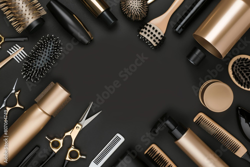 flat lay composition of professional hairdressing tools and equipment on black background,