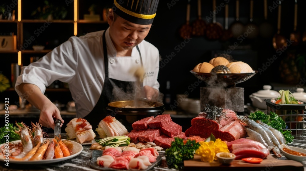 A chef presenting a selection of premium meats and seafood for a hot pot feast, showcasing the variety and indulgence of the dining experience. A chef presenting a selection of premium meats and seafood for a hot pot feast, showcasing the variety and indulgence of the dining experience.