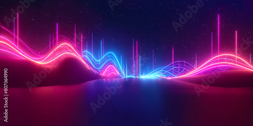Long pattern of a neon wave frame, featuring futuristic light graphics, against a contrasting dark blue and pink sky