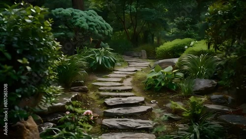 stone steps path through lush greenery in ancient Japanese garden, zen rock walkway concept
