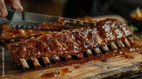 A chef slicing into a perfectly cooked rack of ribs, revealing tender, succulent meat falling off the bone, ready to be served and savored.