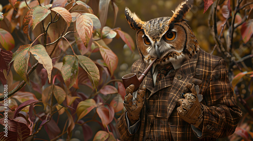 See a detailed portrayal of a sophisticated owl perched on a branch, adorned in a professorial tweed suit and holding a pipe, against a backdrop of vibrant foliage photo