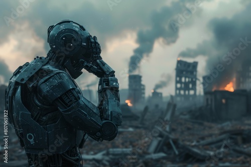 sad cyborg stands with his head propped up on his hand, thinking against the backdrop of city ruins