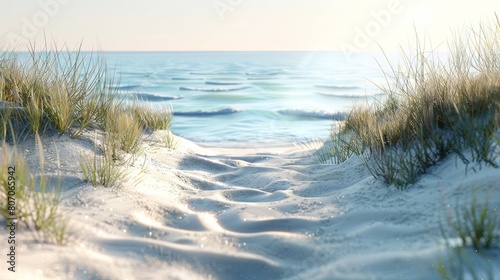 A beach scene with a path leading to the water