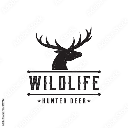 Deer Antlers and vintage deer head logo template design.Logo for badge,deer hunter,adventure and wildlife.