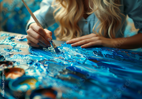 A woman is painting a blue canvas with a brush. She is using a blue paint and has a blue brush