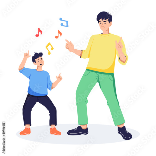 A flat illustration of father dancing with son