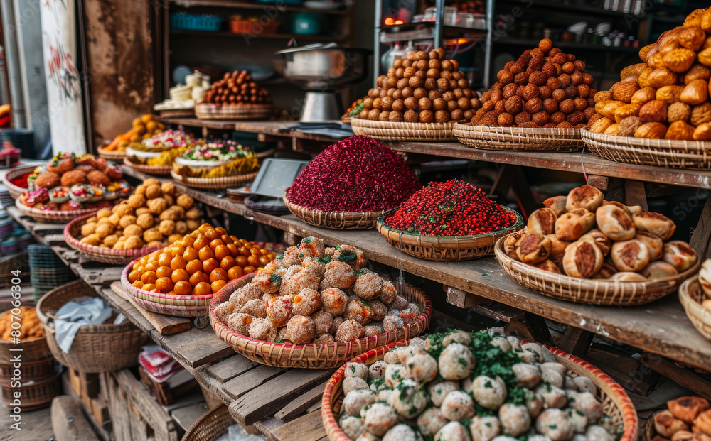 A variety of food items are displayed on a wooden table, including a large pile of doughnuts