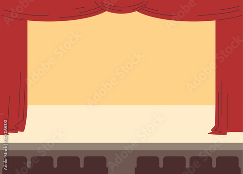 Vector design of empty theater stage with red curtains.