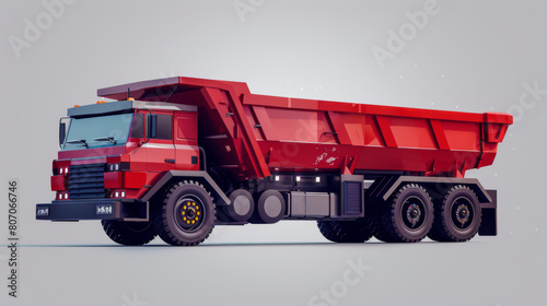 A stylized red dump truck rendered in digital art style, displayed on a simplified grey background, emphasizing strong geometric lines.